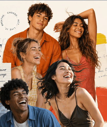Five young adults laughing together in the approved NED campaign.